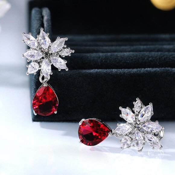 🔥NEW Water Drop Ruby💎 Moissanite look Leafy Pear Cut Dangle Earring, GPMB1412 - Picture 4 of 7